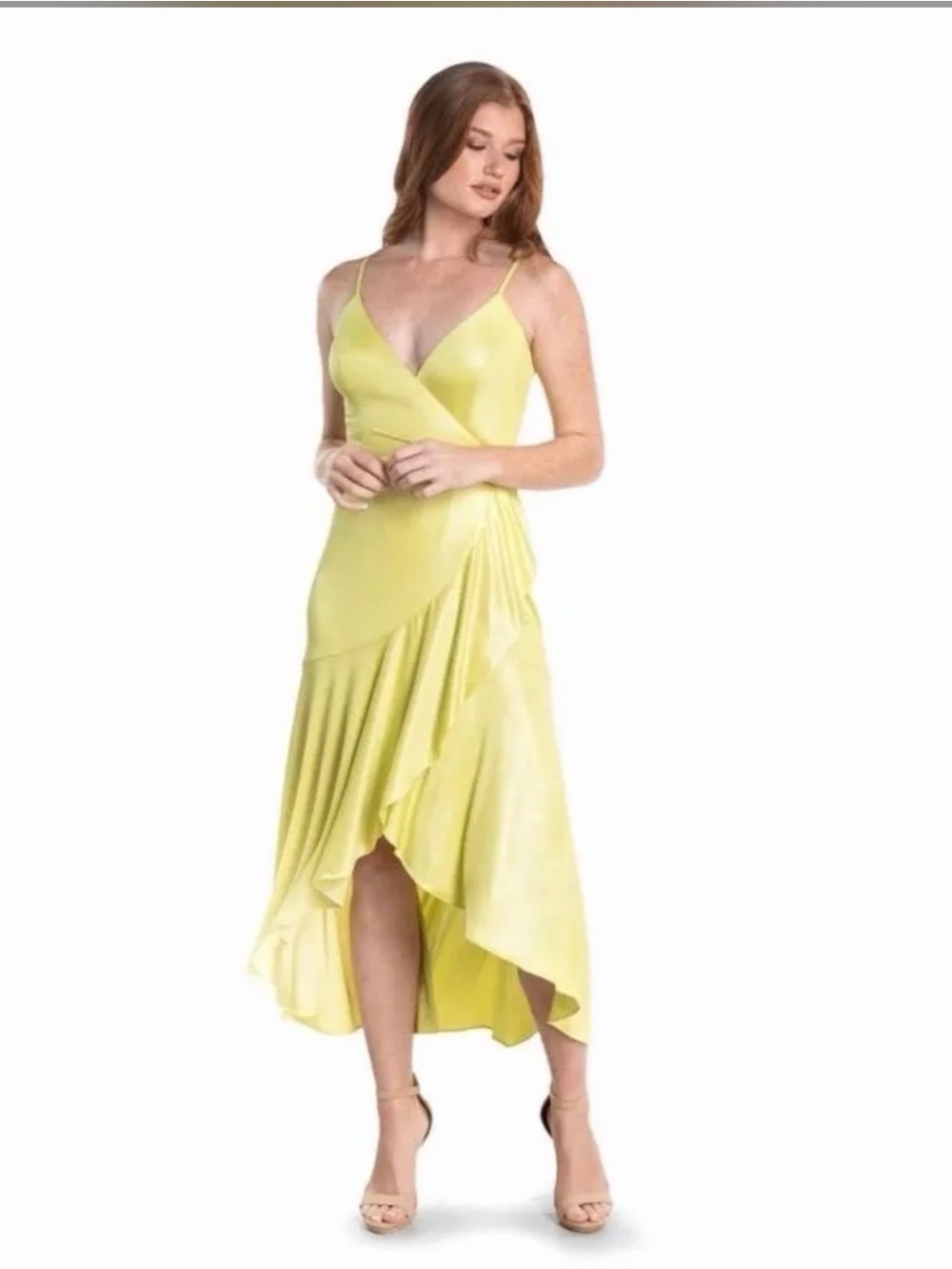 Dress the Population Lime Satin Ruffle-Trim Maxi Wrap Dress XL